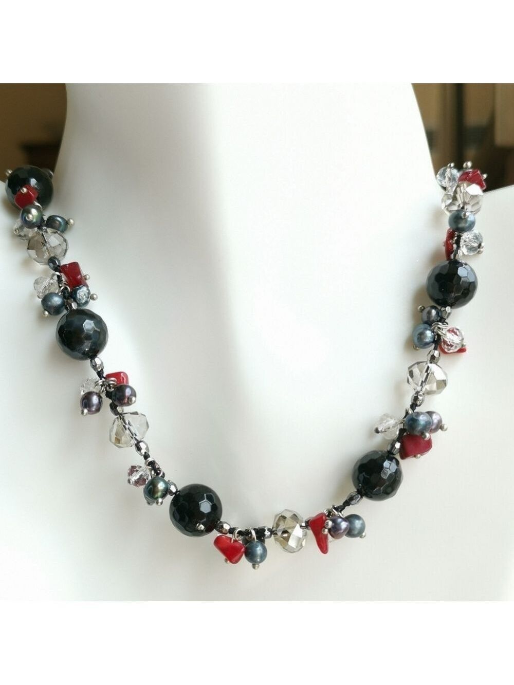 Grey Freshwater Pearl, Onyx, Crystal coral Necklace 🆕